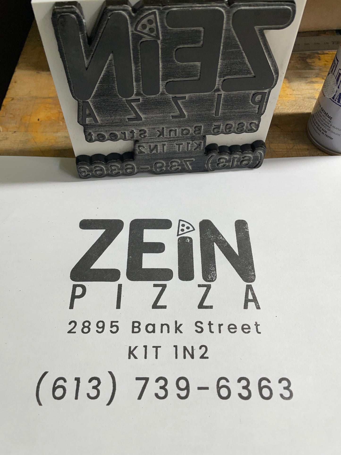 Custom block stamp for Zein Pizza