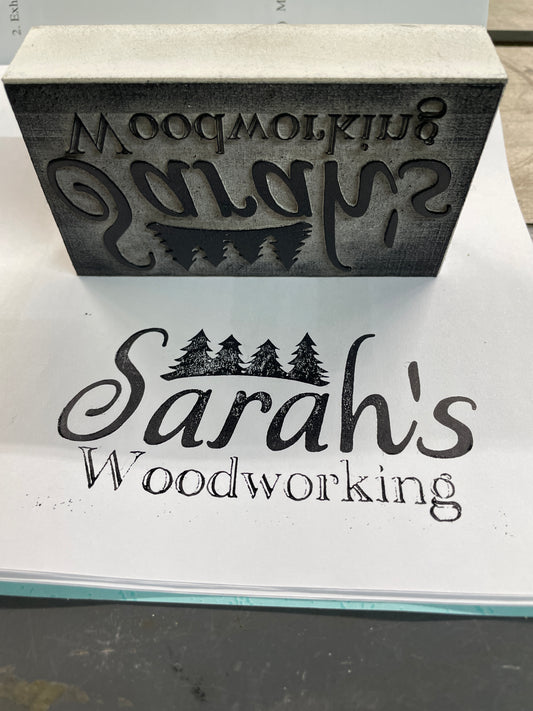 Branding iron and rubber stamp for Sarah’s Woodworking